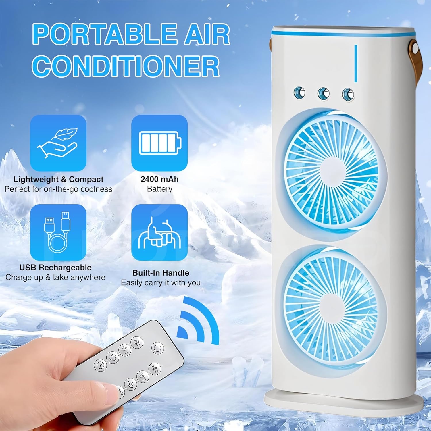 Portable AC For Home - Mini Portable AC Small Air Cooler For Room Cooling Double Ended Mist Fan With Water Spray| RECHARGEABLE| 280ML TANK| 1/2/3 H TIMER| 3 WIND SPEEDS| 3 SPRAY MODE|7 LED - Image 3