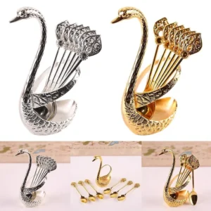 Coffee Dessert Sugar Spoon Set, Decorative Swan Base Holder with 6pcs Spoons for