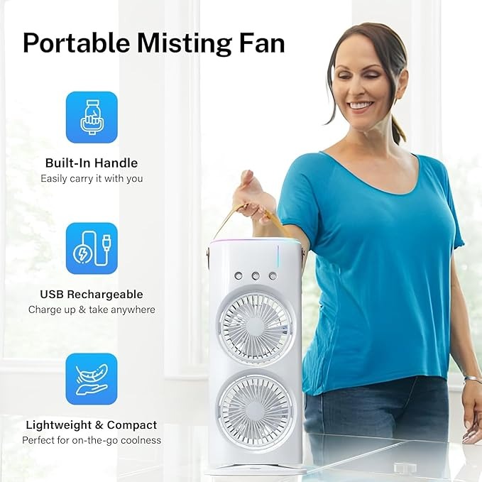 Portable AC For Home - Mini Portable AC Small Air Cooler For Room Cooling Double Ended Mist Fan With Water Spray| RECHARGEABLE| 280ML TANK| 1/2/3 H TIMER| 3 WIND SPEEDS| 3 SPRAY MODE|7 LED - Image 6