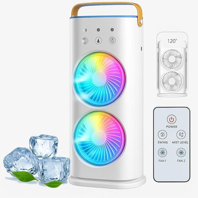 Portable AC For Home - Mini Portable AC Small Air Cooler For Room Cooling Double Ended Mist Fan With Water Spray| RECHARGEABLE| 280ML TANK| 1/2/3 H TIMER| 3 WIND SPEEDS| 3 SPRAY MODE|7 LED - Image 4