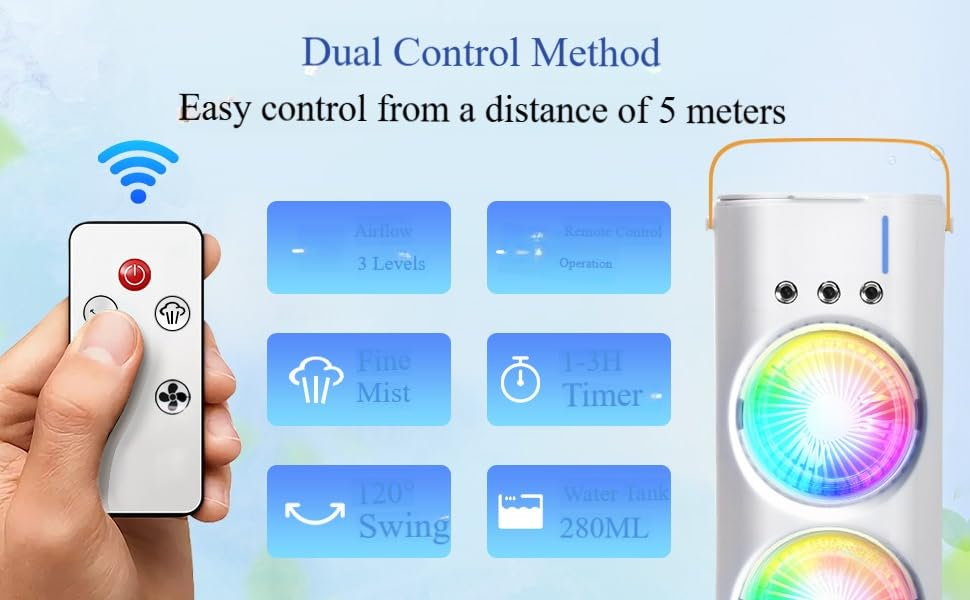 Portable AC For Home - Mini Portable AC Small Air Cooler For Room Cooling Double Ended Mist Fan With Water Spray| RECHARGEABLE| 280ML TANK| 1/2/3 H TIMER| 3 WIND SPEEDS| 3 SPRAY MODE|7 LED - Image 7