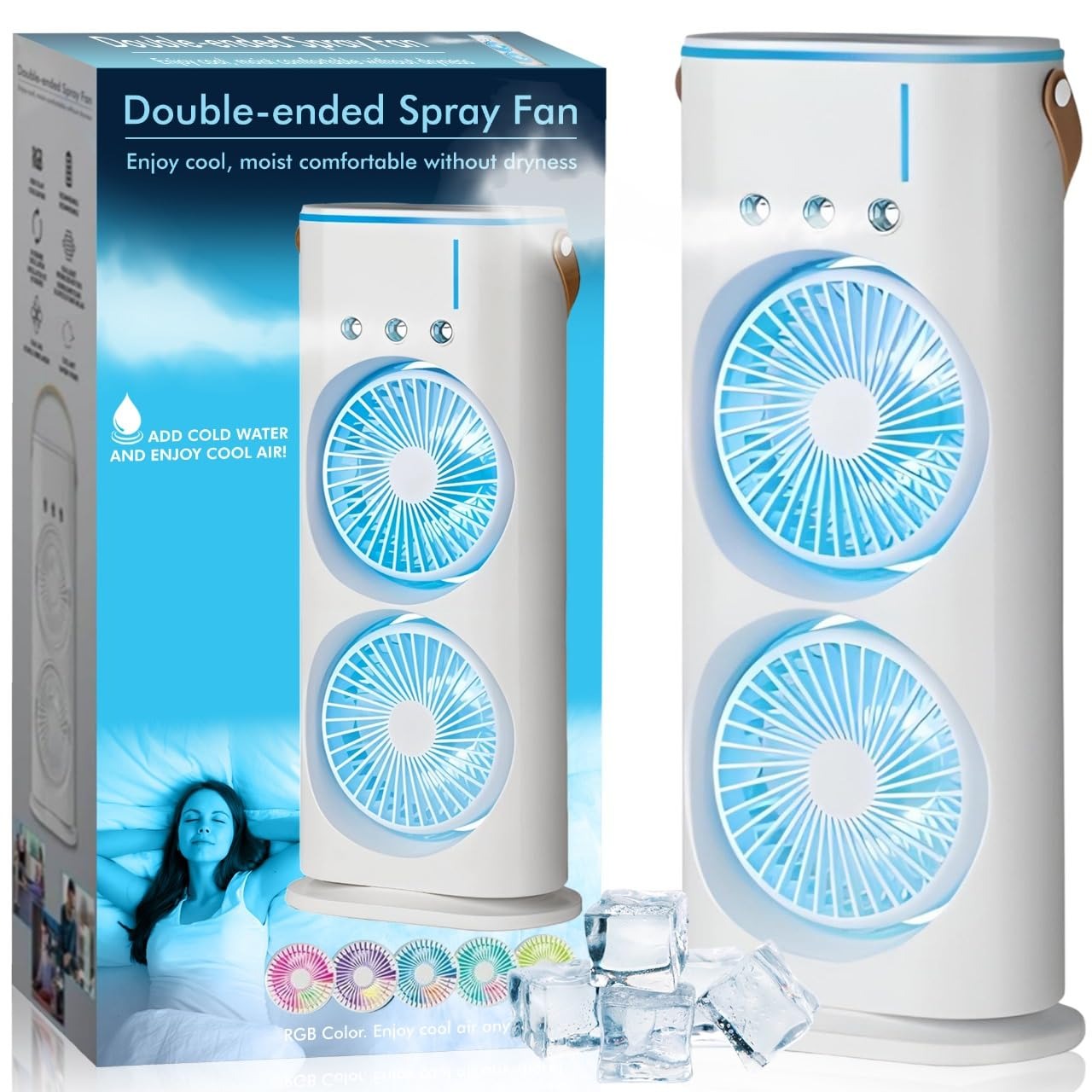 Portable AC For Home - Mini Portable AC Small Air Cooler For Room Cooling Double Ended Mist Fan With Water Spray| RECHARGEABLE| 280ML TANK| 1/2/3 H TIMER| 3 WIND SPEEDS| 3 SPRAY MODE|7 LED
