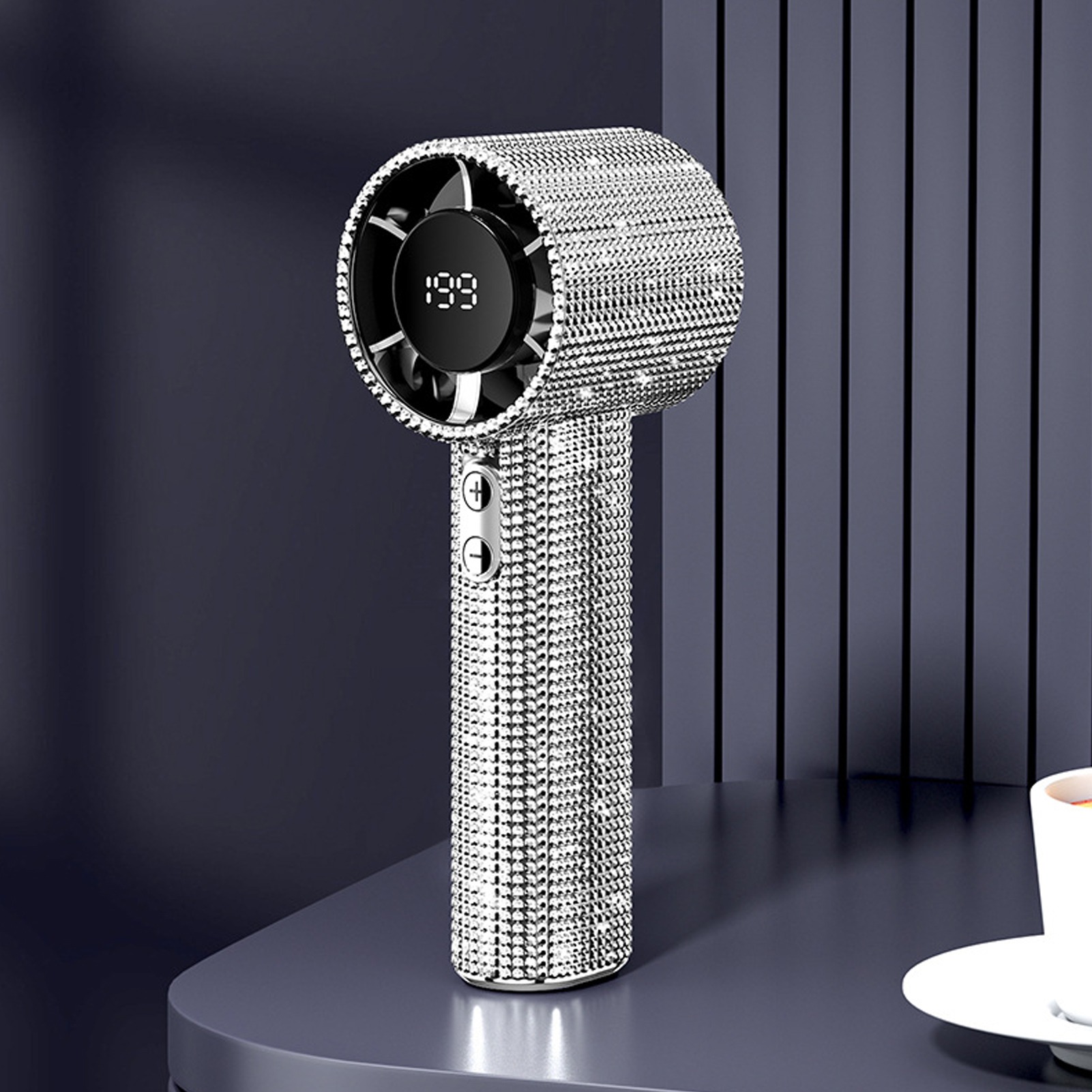 Helloworld Diamond Patent Rhine stone Handheld Fan LCD Display 199 Speed Adjustable USB Rechargeable - Image 9