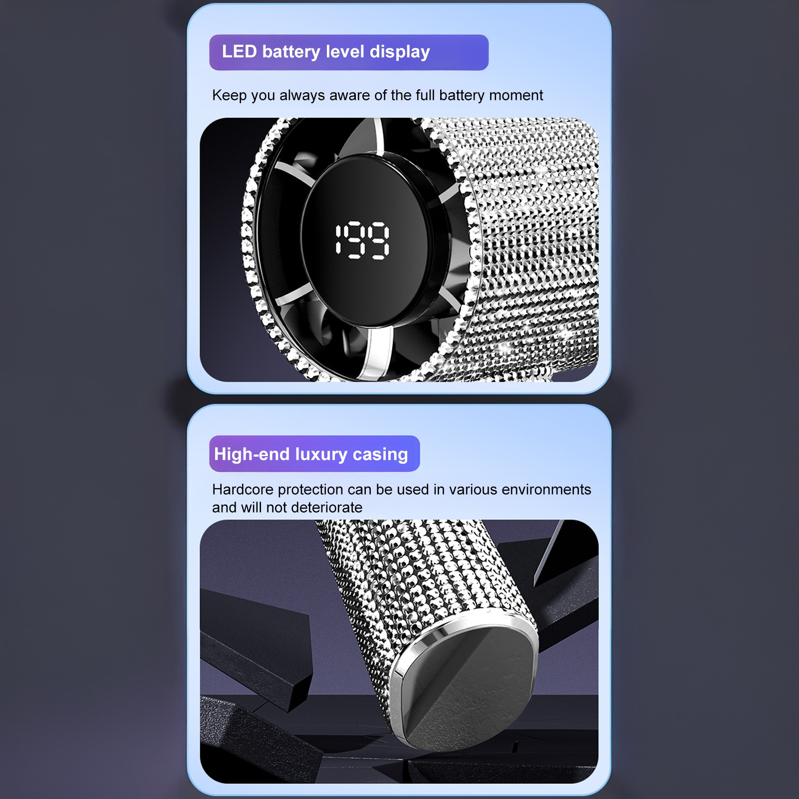 Helloworld Diamond Patent Rhine stone Handheld Fan LCD Display 199 Speed Adjustable USB Rechargeable - Image 8