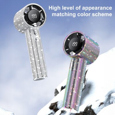 Helloworld Diamond Patent Rhine stone Handheld Fan LCD Display 199 Speed Adjustable USB Rechargeable